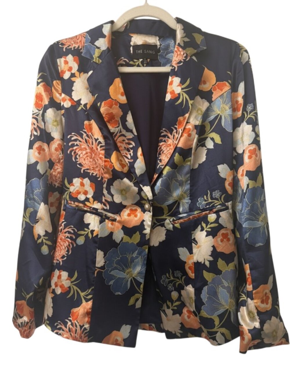 NWOT THE SANG Navy Blue Floral Print Statement Blazer Vibrant - Sz S MSRP $125
